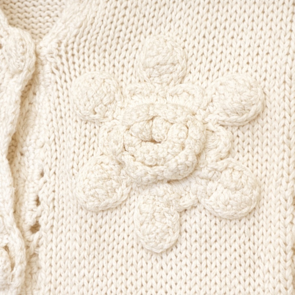 Cottagecore Knit Cardigan Cream Floral Appliqué Textured Sweater Boho M - Picture 4 of 5